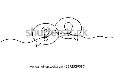 Hand drawn one line vector. Quick tips. Continuous one line drawing of question mark, light bulb and speech bubbles. Vector illustration isolated on white. Editable outline