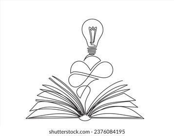 Hand drawn one line vector.Book one line drawing, continuous vector education and literature with brain and light bulb. Concept of creative thinking and idea. Minimalist contour hand drawn metaphor 