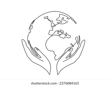 Hand drawn one line vector.Continuous one line drawing. hands holding Earth globe.
