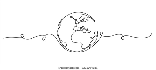 Hand drawn one line vector.Continuous Earth line drawing symbol. World map one line art. Earth globe hand drawn insignia. Stock vector illustration isolated on white background