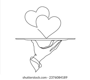 Dibujó a mano un vector de línea.Ilustración continua del vectores de línea de mano sosteniendo el plato con corazones sobre fondo blanco, cayendo en el concepto de amor. Línea de trazo, Icono o Emblema estilo lineal de moda.