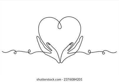Hand drawn one line vector.Continuous one line drawing hands holding heart. Charity donation linear concept. Vector isolated on white.