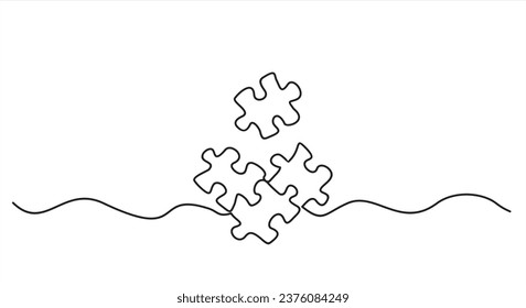 Hand drawn one line vector.Continuous single line drawing of four puzzle pieces. Problem solving and solution business metaphor. One line drawing of puzzle piece for idea, business, thinking process