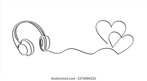Hand drawn one line vector.Headphone with hearts one line art, hand drawn device gadget continuous contour. Listening music wireless gadget and romantic symbol hearts
