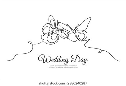 Hand drawn one line vector.Wedding day. Butterflies one continuous  line art. Illustration with quote template. Can used for logo, banner, booklet, flyer, brochure