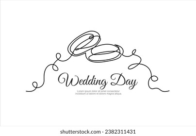 Hand drawn one line vector.Wedding day. Wedding rings vector one continuous  line art. Illustration with quote template. Can used for logo, banner, booklet, flyer, brochure