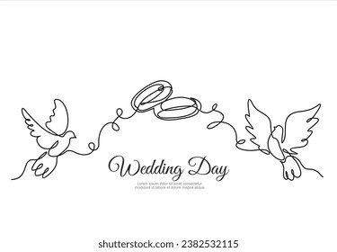 Hand drawn one line vector.Wedding day. Wedding rings and flying pigeons vector one continuous  line art. Illustration with quote template. Can used for logo, banner, booklet, flyer, brochure