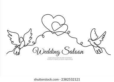 Hand drawn one line vector.Wedding saloon. Flying pigeons and two hearts vector one continuous  line art. Illustration with quote template. Can used for logo, banner, booklet, flyer, brochure