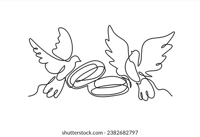 Hand drawn one line vector.Wedding day. Wedding rings and flying pigeons vector one continuous  line art. Illustration with quote template. Can used for logo, banner, booklet, flyer, brochure