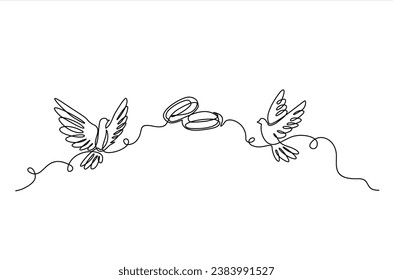 Hand drawn one line vector.Wedding day. Wedding rings and flying pigeons vector one continuous  line art. Illustration with quote template. Can used for logo, banner, booklet, flyer, brochure