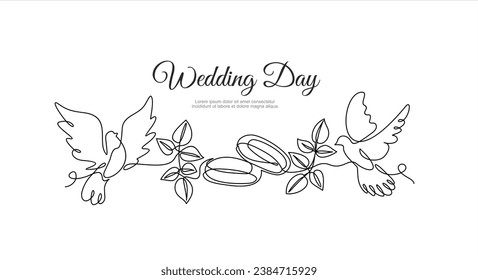 Hand drawn one line vector.Wedding day. Wedding rings and flying pigeons vector one continuous  line art. Illustration with quote template. Can used for logo, banner, booklet, flyer, brochure