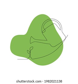 Hand drawn one line watering can and a plant with green shape. Plant care. Thin line illustration.