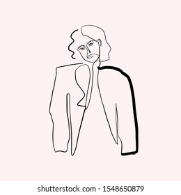 Dibujo manual de una línea de la cara de retrato de mujer o niña, icono de belleza sencillo, simple logo de moda. 

