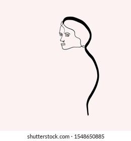 Hand drawn one line young woman or girl portrait face, beauty single icon, simple fashion logo. 
