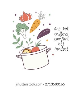 Handgezeichnete One Pot Meal Illustration. Vektor Doodle von Gemüse und Kochtopf mit Comfort Food Zitat für gesunde Rezepte.