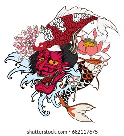 hand drawn Oni mask with chrysanthemum flower and koi fish with lotus tattoo.coloring book japanese style.Traditional asian tattoo art.