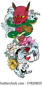 hand drawn Oni mask with Snake and koi fish with flower tattoo