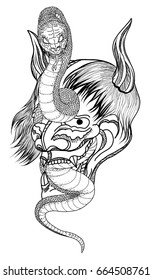 Hand drawn Oni skull entwined by snake.japanese tattoo ; oni mask and snake tattoo