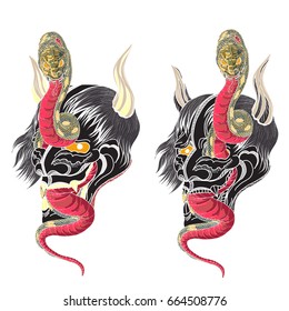 Hand drawn Oni skull entwined by snake.japanese tattoo ; oni mask and snake tattoo.Japanese Demon mask with king cobra tattoo design.