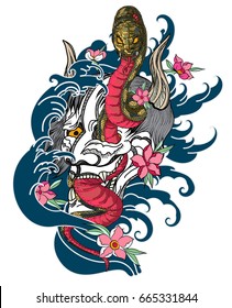 Hand drawn Oni skull entwined by snake.japanese tattoo ; oni mask and snake tattoo.Japanese Demon mask with king cobra tattoo design.