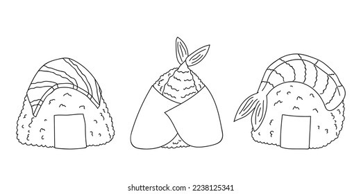 Hand drawn onigiri clipart set. Japanese fast food made of rice. Rice ball in nori seaweed
