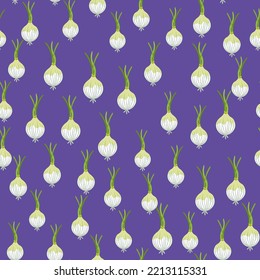 Hand drawn onion bulb seamless pattern. Onion in doodle style endless wallpaper. Vegetarian healthy food backdrop. Design for fabric, textile print, wrapping paper. Vector illustration