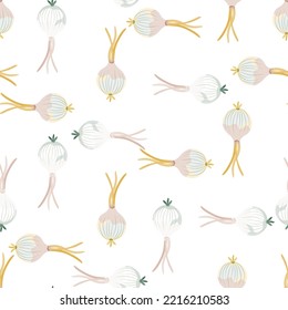 Hand drawn onion bulb seamless pattern. Onion in doodle style endless wallpaper. Vegetarian healthy food backdrop. Design for fabric, textile print, wrapping paper. Vector illustration