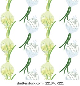 Hand drawn onion bulb seamless pattern. Onion in doodle style endless wallpaper. Vegetarian healthy food backdrop. Design for fabric, textile print, wrapping paper. Vector illustration