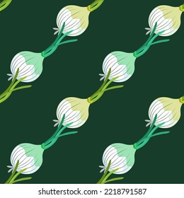 Hand drawn onion bulb seamless pattern. Onion in doodle style endless wallpaper. Vegetarian healthy food backdrop. Design for fabric, textile print, wrapping paper. Vector illustration