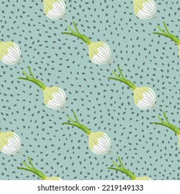 Lámpara de cebolla dibujada a mano sin costuras. Cebolla en papel de paredes sin fin al estilo de doodle. Fondo vegetariano de alimentos saludables. Diseño para tela, impresión textil, papel envolvente. Ilustración del vector
