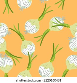 Hand drawn onion bulb seamless pattern. Onion in doodle style endless wallpaper. Vegetarian healthy food backdrop. Design for fabric, textile print, wrapping paper. Vector illustration