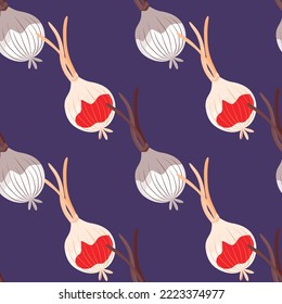 Hand drawn onion bulb seamless pattern. Onion in doodle style endless wallpaper. Vegetarian healthy food backdrop. Design for fabric, textile print, wrapping paper. Vector illustration