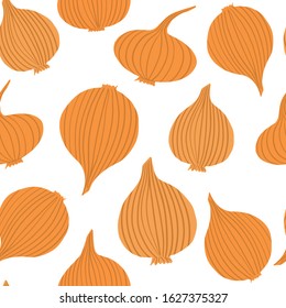 Hand drawn onion bulb vegetable wallpaper.  Onion in doodle style seamless pattern. Vegetarian healthy food backdrop. Design for fabric, textile print, wrapping paper. Vector illustration