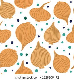 Hand drawn onion bulb vegetable wallpaper.  Onion in doodle style seamless pattern on dots background. Vegetarian healthy food. Design for fabric, textile print, wrapping paper. Vector illustration