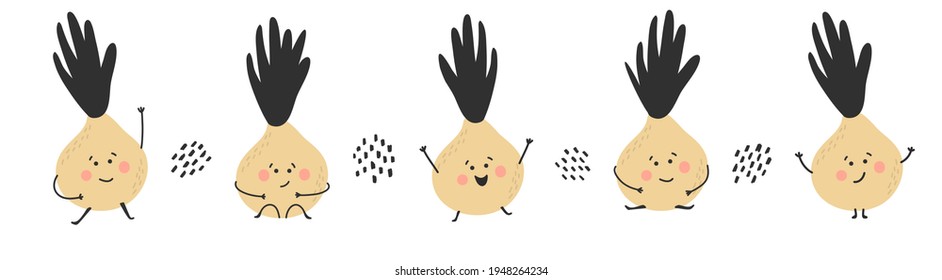 Hand drawn onion collection. Cute funny childish character.Healthy vegan foods. Vegetables set. Vector illustration on white background.