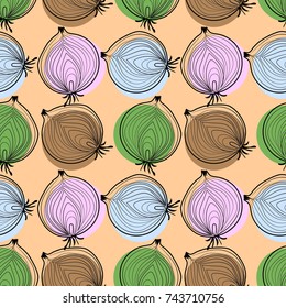 Hand drawn onion doodle seamless repeating pattern. Flat line art in a retro style
