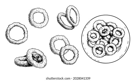 Hand drawn Onion freid rings set. Sketch style. Fast food collection. Best for menu and package designs. Vector illustrations.