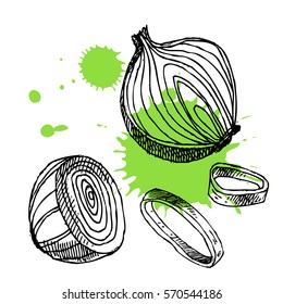 Hand drawn onion with ink splash. Can be used for vegan products, brochures, banner, restaurant menu, farmers market and organic food shop. Vector