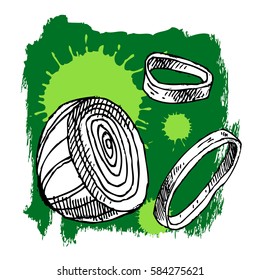 Hand drawn onion with ink splash. Can be used for vegan products, brochures, banner, restaurant menu, farmers market and organic food shop. Vector
