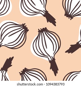 Hand drawn onion isolated. Vector artistic seamless pattern with food. Actual illustration vegetable