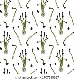 Hand drawn onion micro greens seamless pattern. Vector illustration in colored sketch style isolated on white background