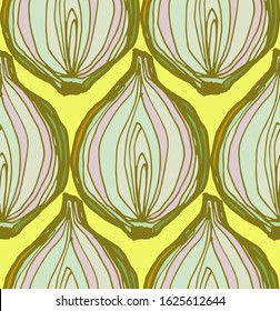 hand drawn onion vector seamless pattern. scandinavian style design. healthy organic food illustration. vegetables background. fabric, wrapping paper, background, wallpaper surface and textile design.