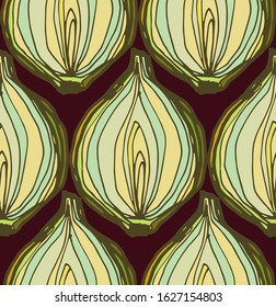 hand drawn onion vector seamless pattern. scandinavian style design. healthy organic food illustration. vegetables background. fabric, wrapping paper, background, wallpaper surface and textile design.