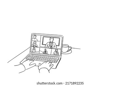 Hand drawn of online business meeting from home with collagues, sketch design illustration.