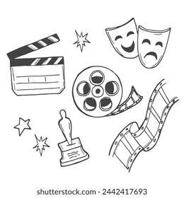 Hand drawn online Cinema doodle icons set