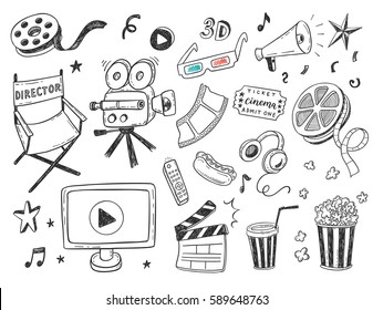 Hand drawn online Cinema doodle icons set