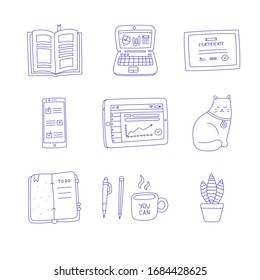 Hand drawn online education set vector icons. Cat, pike tail in a pot, laptop, tablet, phone, pencil, pen, certificate, notebook, cup, book objects. Spot illustrations.
