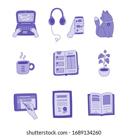 Hand drawn online education set vector monochromatic color icons. Cat, pike tail plant in a pot, laptop, tablet, phone, headphones, certificate, notebook, cup, book objects. Spot illustrations.