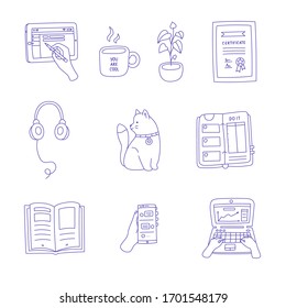 Hand drawn online education set vector 
 line icons. Cat, monsterra in a pot, laptop, tablet, phone, headphones, certificate, notebook, cup, book objects. Spot illustrations.