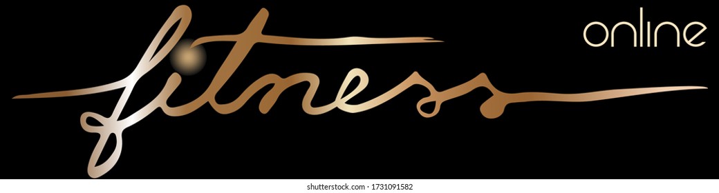Hand drawn online fitness lettering luminescent gold color. Cursive, italic handwritten font with shining dot "I" letter. Remote gym workout concept calligraphy on dark background. Sport propaganda.